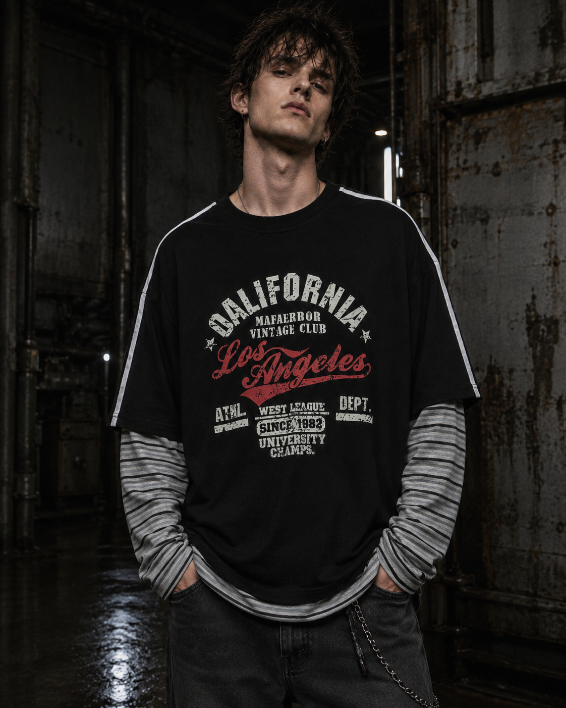 American Retro Patchwork Faux Two-Piece Long-Sleeved T-Shirt
