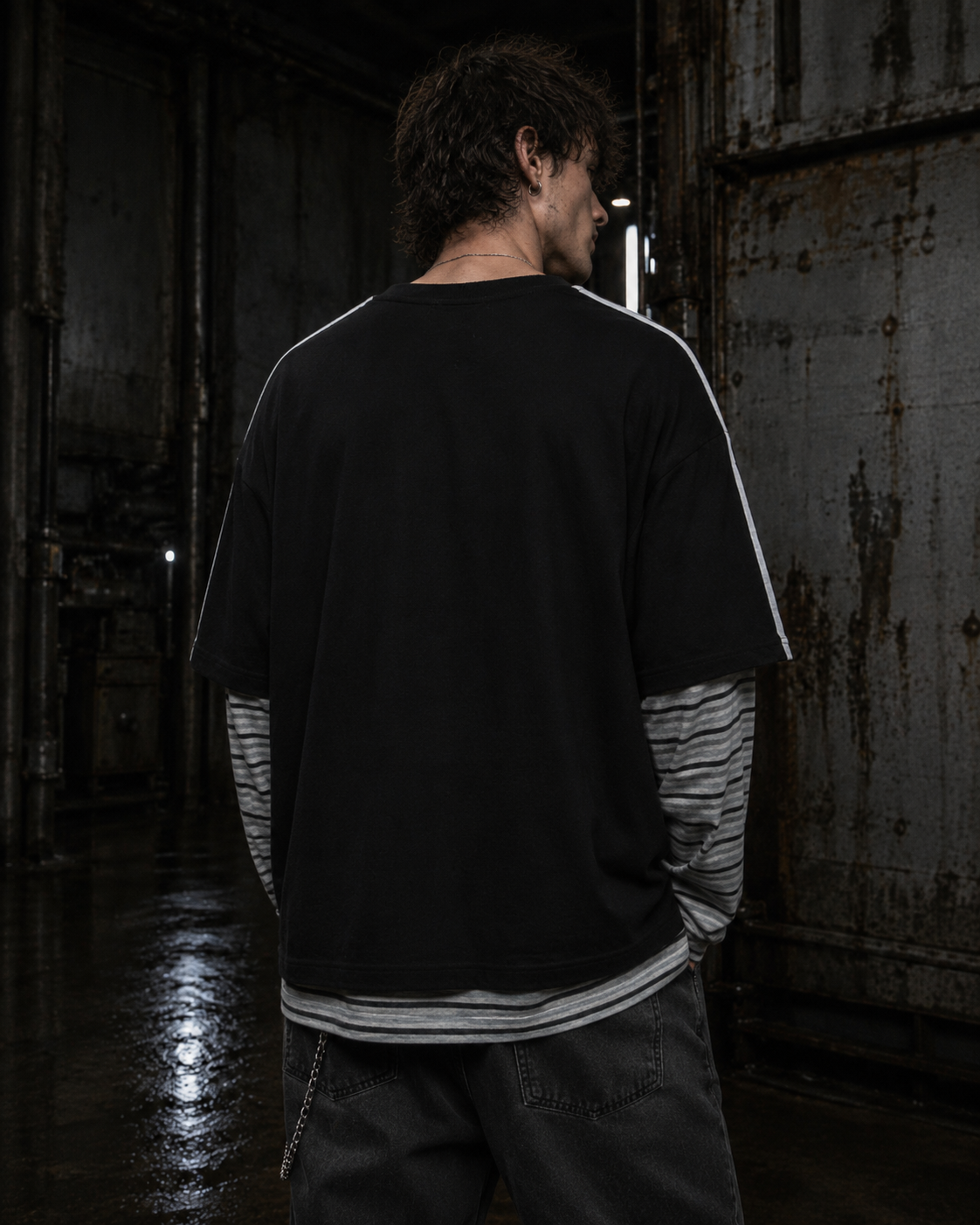 American Retro Patchwork Faux Two-Piece Long-Sleeved T-Shirt