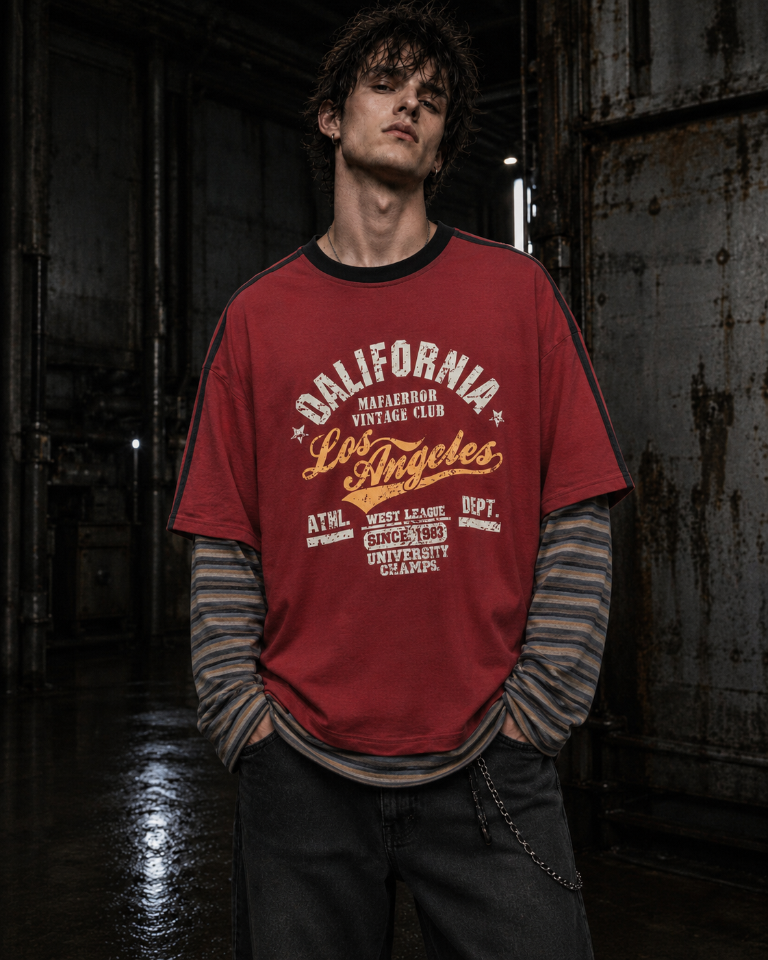 American Retro Patchwork Faux Two-Piece Long-Sleeved T-Shirt
