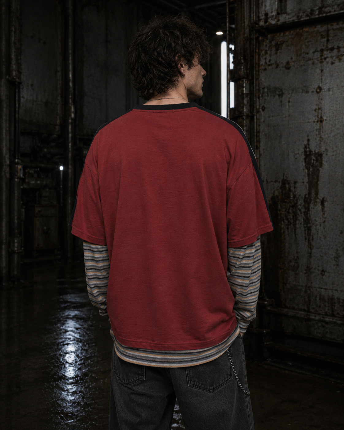 American Retro Patchwork Faux Two-Piece Long-Sleeved T-Shirt