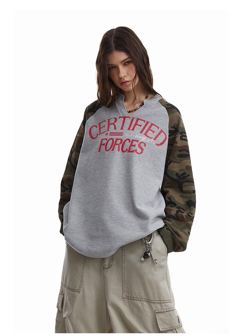 Omirad Camo-Sleeve Varsity Graphic Long-Sleeve Tee