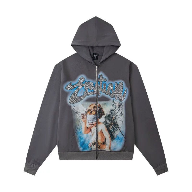 Mixed Emotions Blindfolded Cherub Graphic Zip Up Hoodie Dark Streetwear Full‑Zip Jacket