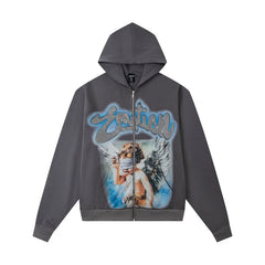 Mixed Emotions Blindfolded Cherub Graphic Zip Up Hoodie Dark Streetwear Full‑Zip Jacket