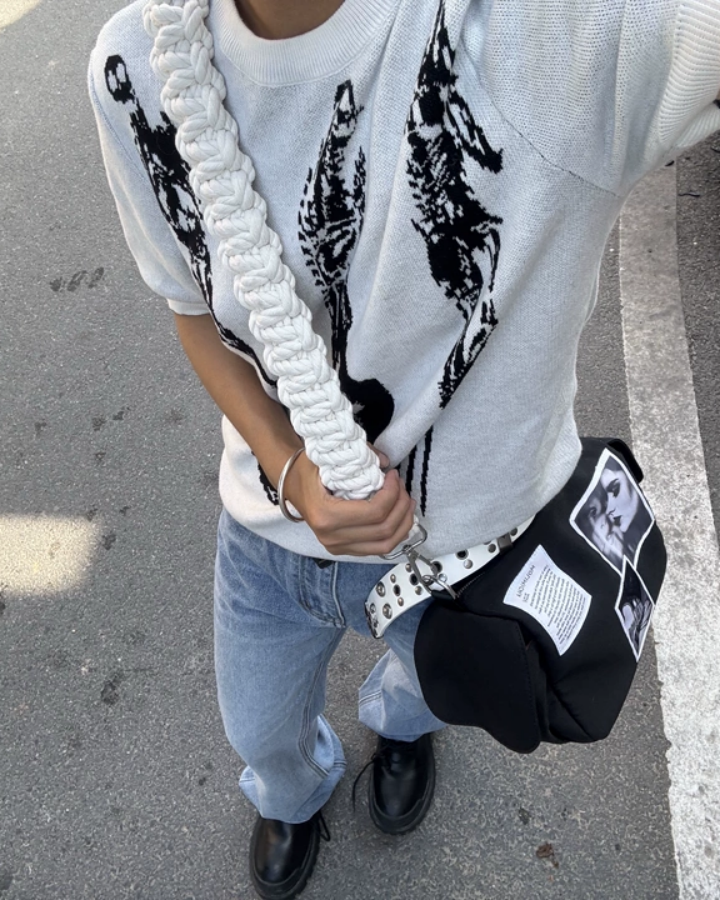 American-Style Relaxed Round Neck Knit Short-Sleeved Top