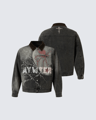 Washed Denim Graffiti Jacket with Contrast Collar