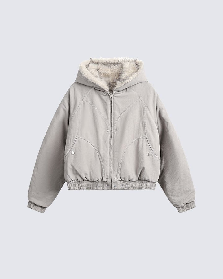 Structured Faux Fur Collar Padded Hooded Jacket