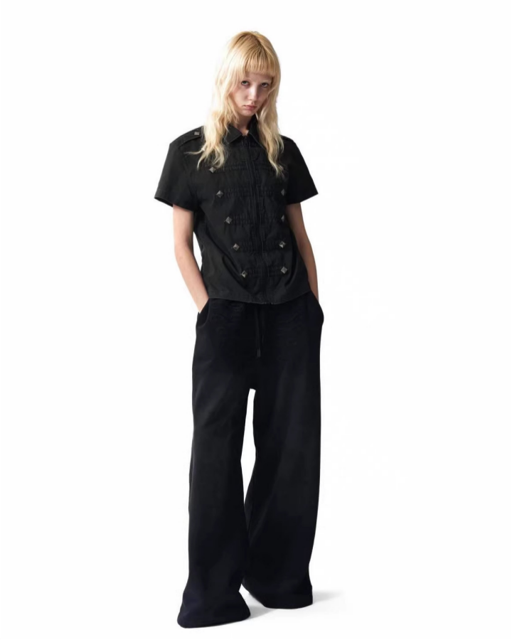 Retro Trendy Rhinestone Lapel Zipper T-Shirt