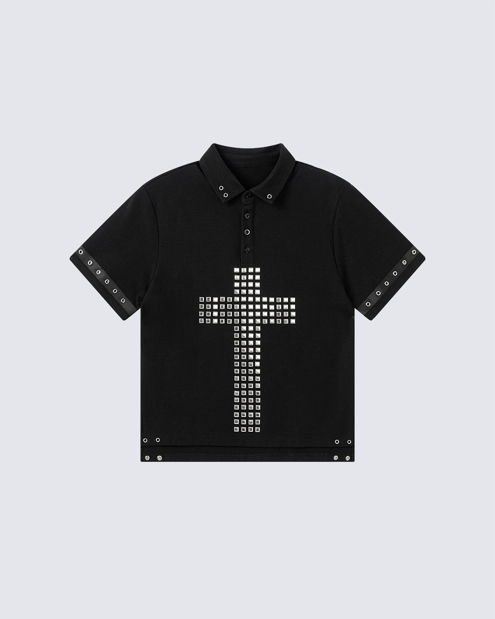 Dark Gothic Studded Cross Cropped Polo Shirt New