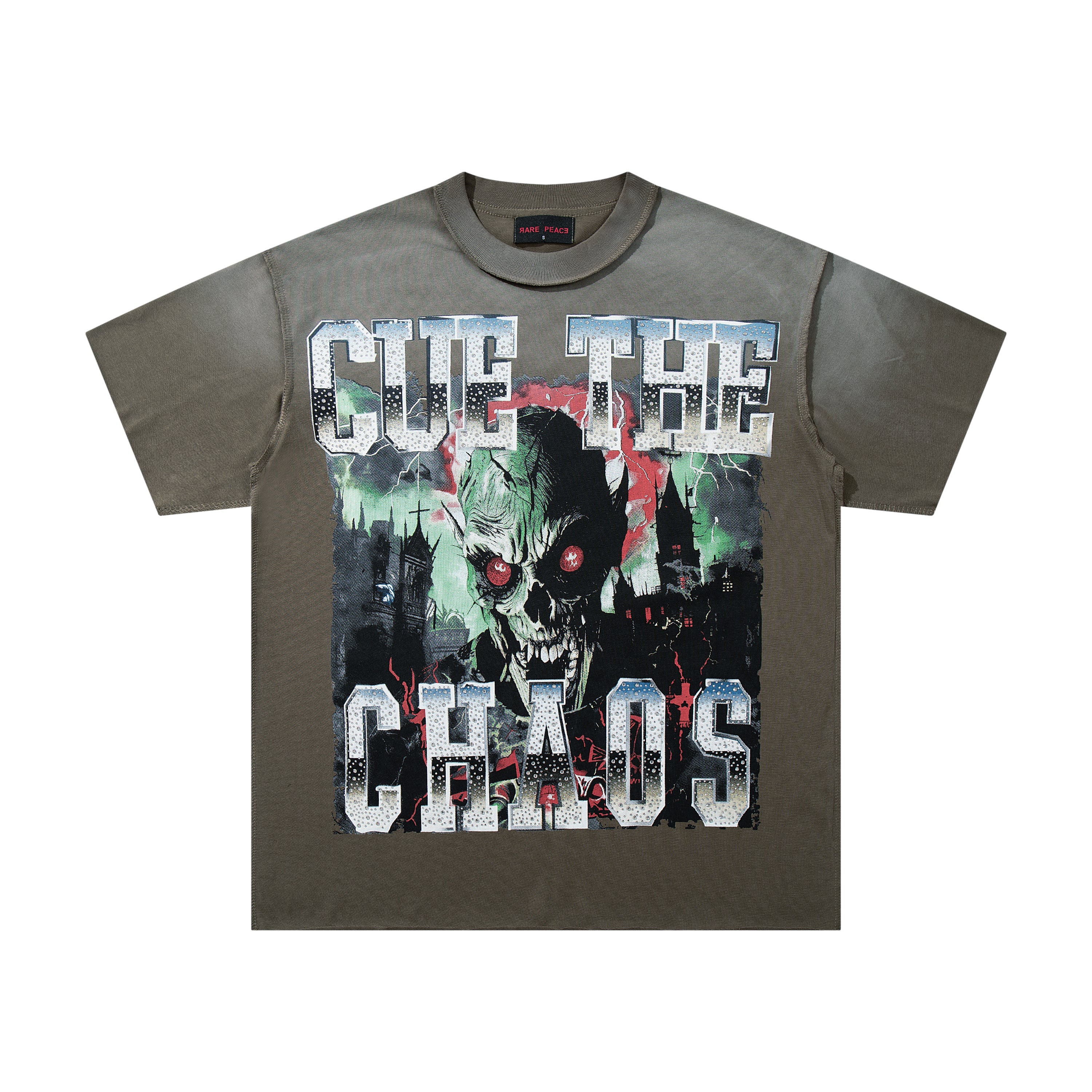 Rare Peace Cue The Chaos Olive Washed Oversized Graphic T‑Shirt
