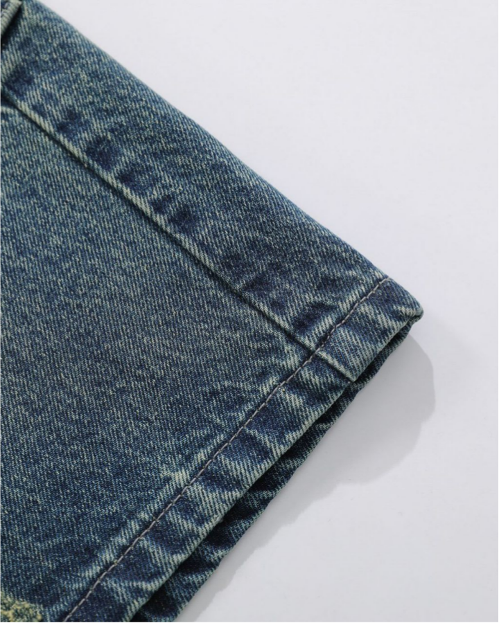 Distressed Multi-Pocket Graphic Denim Shorts