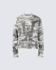 Vintage Distressed Camo Print Long Sleeve T-shirt