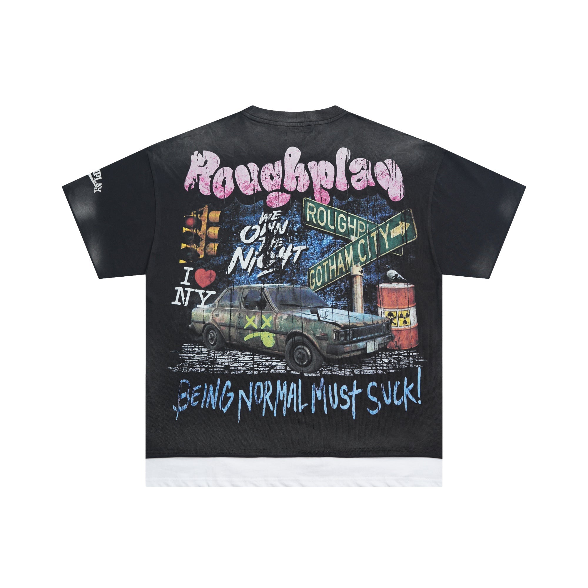 Roughplay NYC Graffiti Police Car Street Sign Layered Distressed Tee
