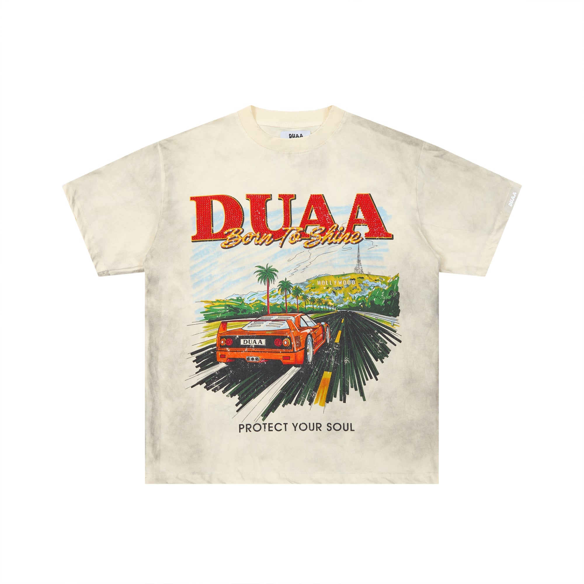 DUAA Born To Shine Retro Highway Sports Car Double‑Sided Graphic Tee