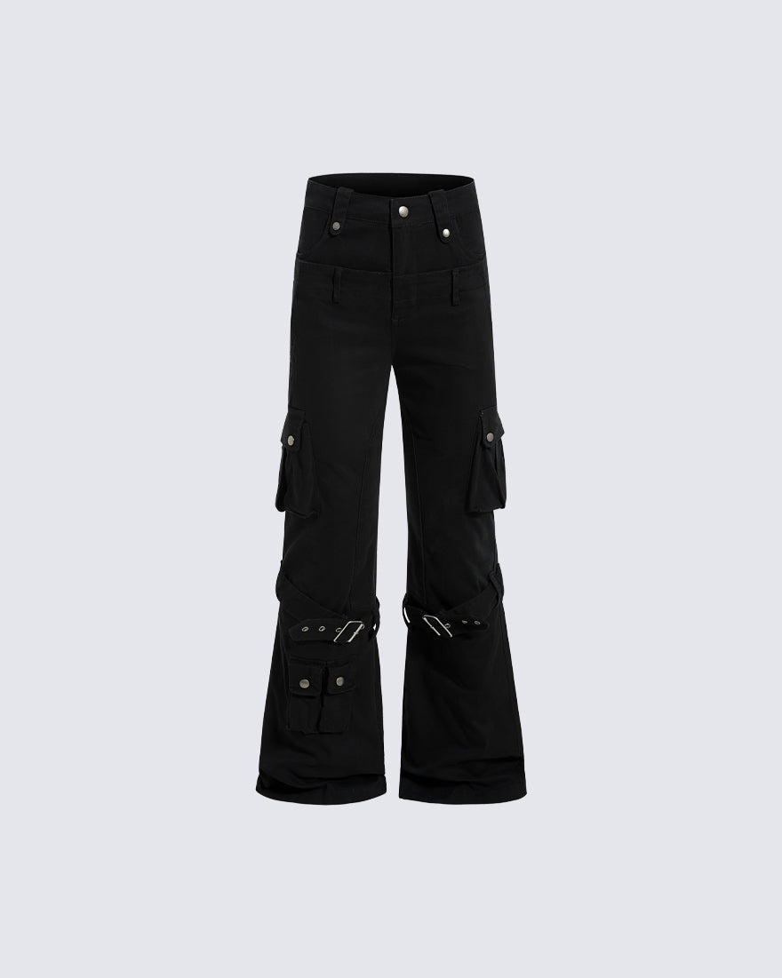 Multi-Pocket Buckle Cargo Flare Pants