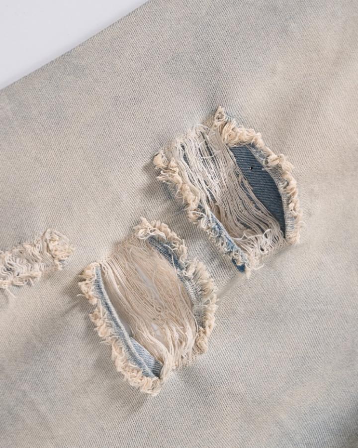 Pearl Rhinestone Ripped Barrel Washed Denim Pants