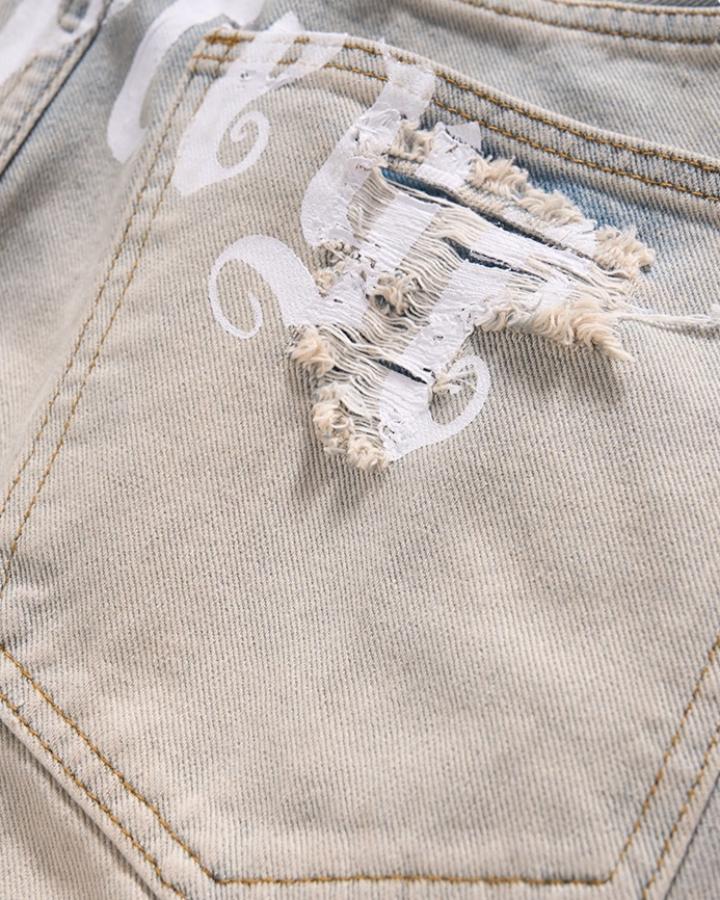 Pearl Rhinestone Ripped Barrel Washed Denim Pants