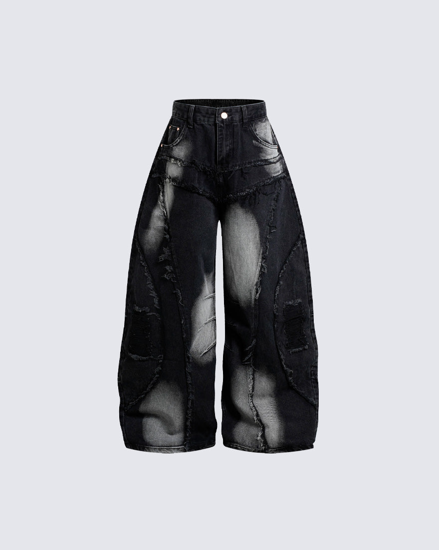 Distressed Wide-Leg Patchwork Jeans