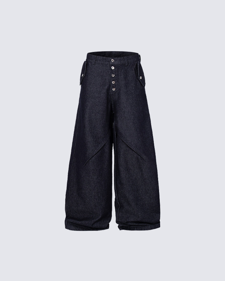 Dark Indigo Button Front Wide Denim Pants