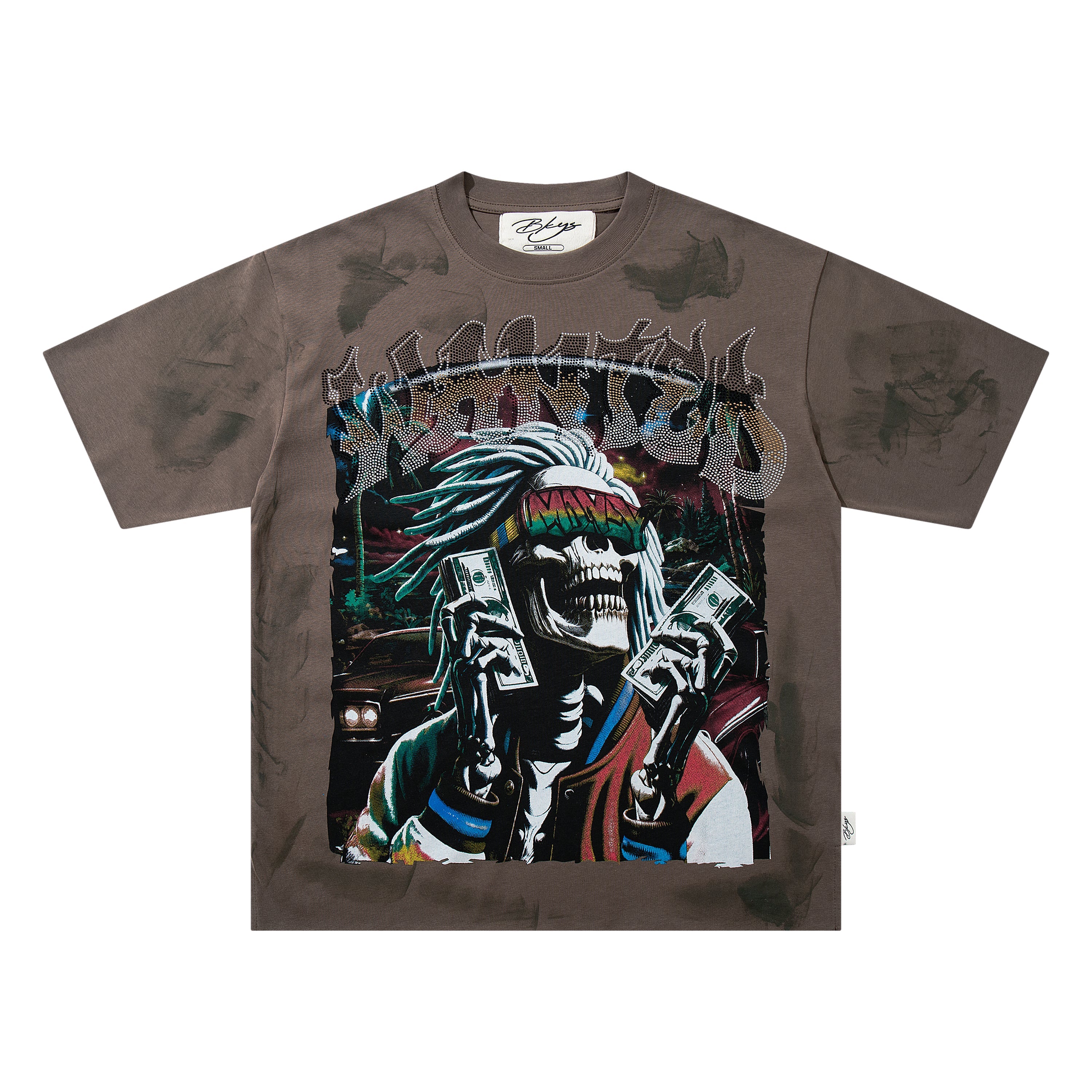 BKYS Dreadlock Skull Cash Brown Washed Oversized Graphic T‑Shirt