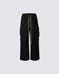 Black Wide-Leg Cargo Pants – Streetwear Baggy Trousers with Zipper & Drawstring