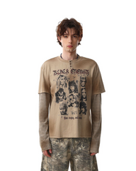 Graphic Print Long-Sleeve Tee with Striped Sleeves