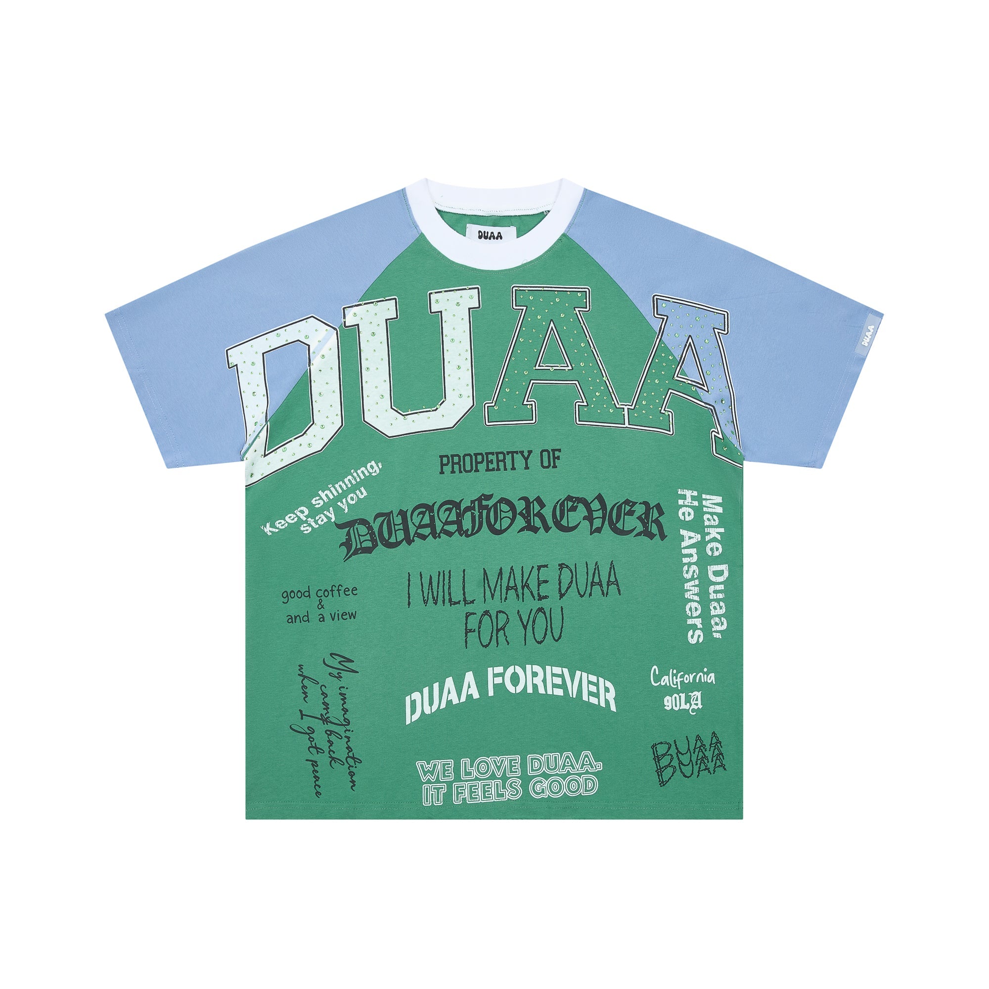 DUAA Green‑Blue Raglan Slogan Collage Street Tee