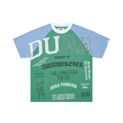 DUAA Green‑Blue Raglan Slogan Collage Street Tee