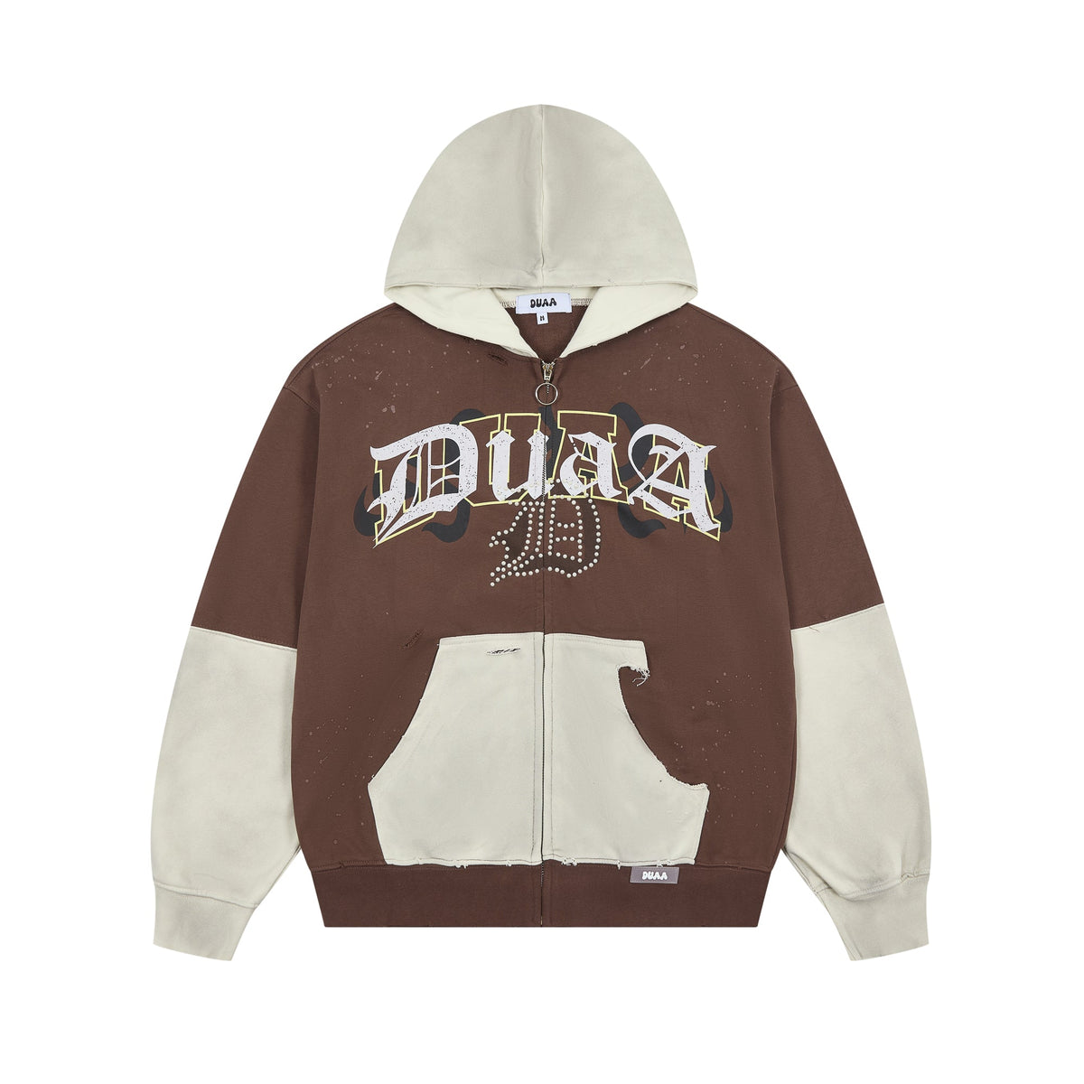 DUAA Two‑Tone Patchwork Distressed Gothic Logo Zip‑Up Hoodie