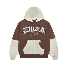 DUAA Two‑Tone Patchwork Distressed Gothic Logo Zip‑Up Hoodie