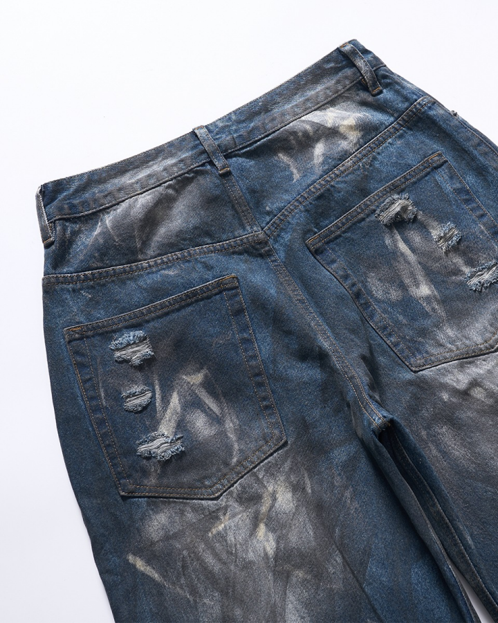 Gradient Bleach Distressed Wide Leg Denim Pants