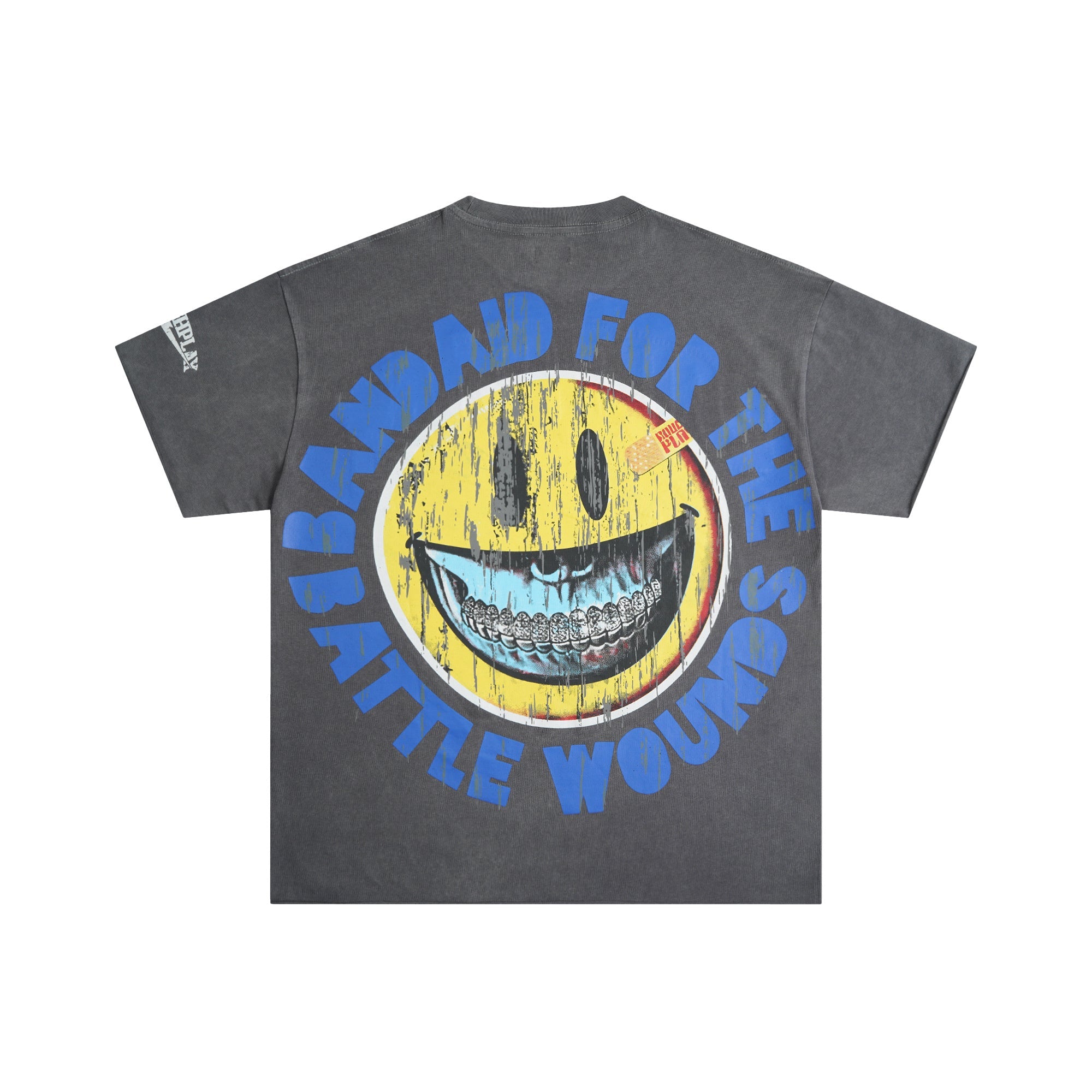 Roughplay Skull Baseball Player Grin Smiley Double‑Sided Distressed Tee