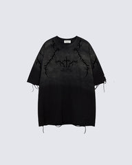 American-Style Distressed Washed Thorn Print Short-Sleeved T-Shirt