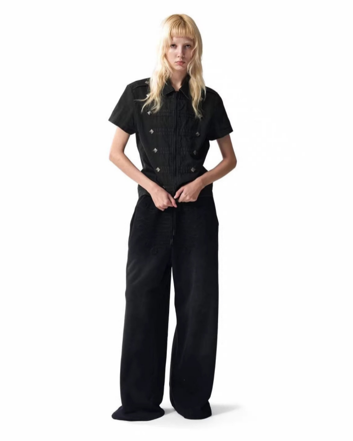 Retro Trendy Rhinestone Lapel Zipper T-Shirt