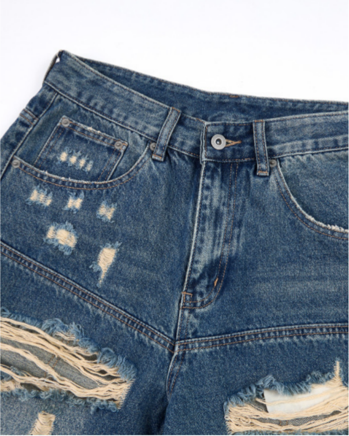 Distressed Patchwork Denim Shorts