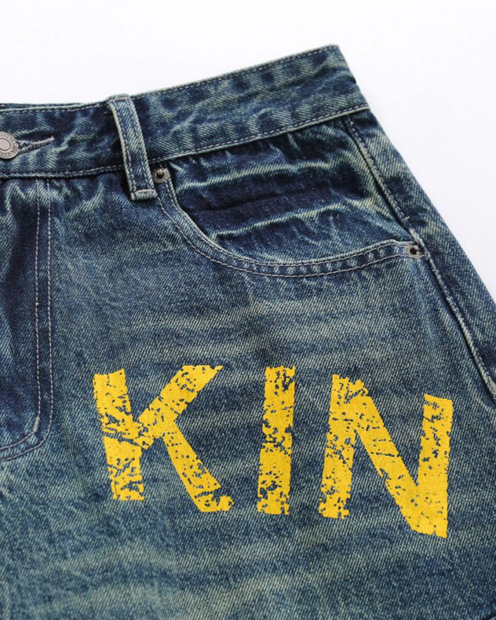 Distressed Multi-Pocket Graphic Denim Shorts