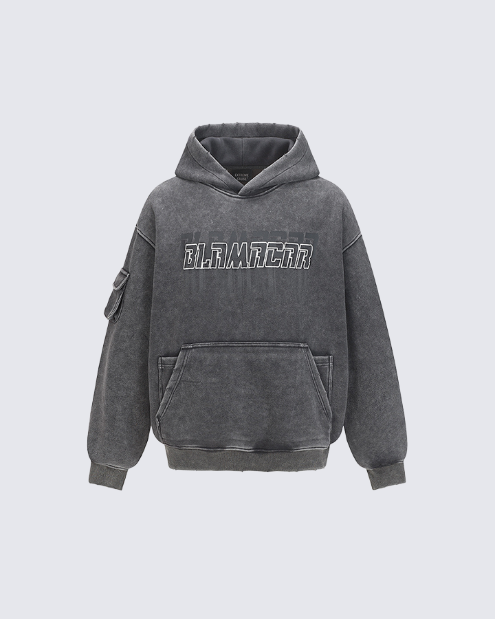 Washed Letter Print Hoodie with Utility Pocket