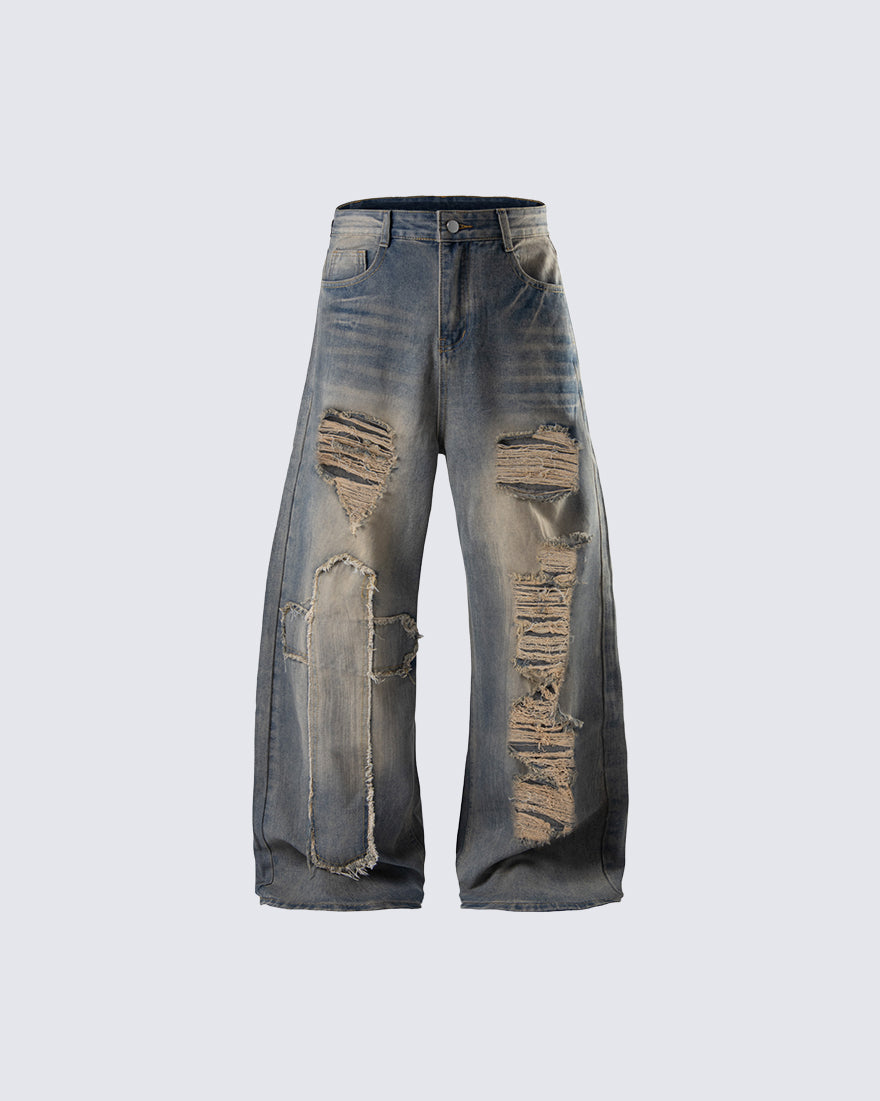 Distressed Washed Baggy Denim Pants