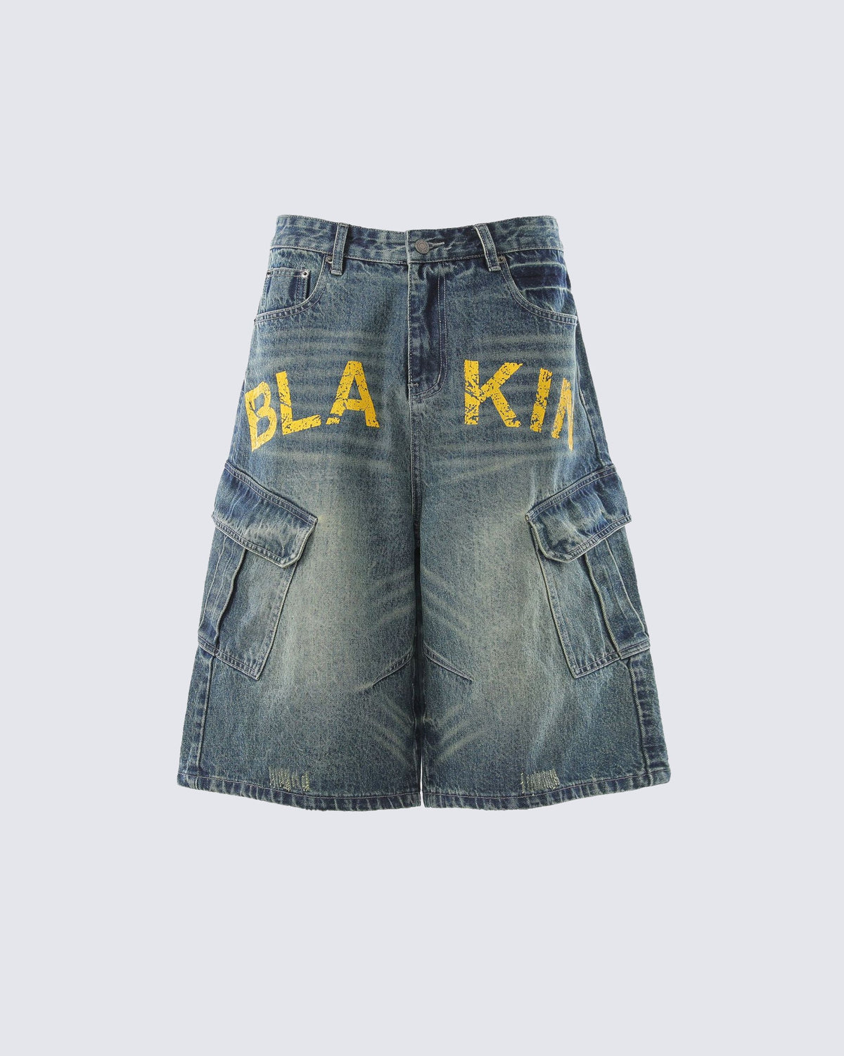 Distressed Multi-Pocket Graphic Denim Shorts