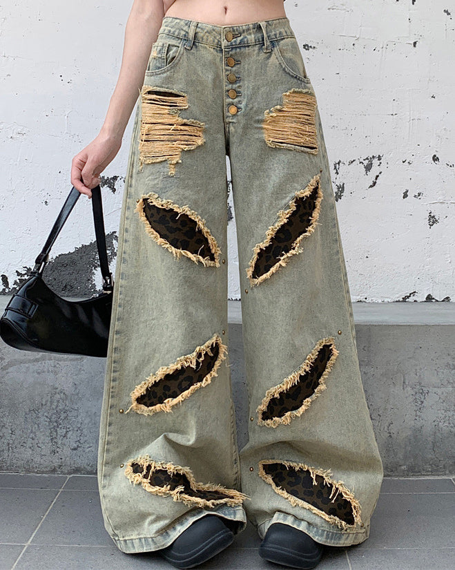Post-Apocalyptic Printed Distressed Floor-Length Jeans