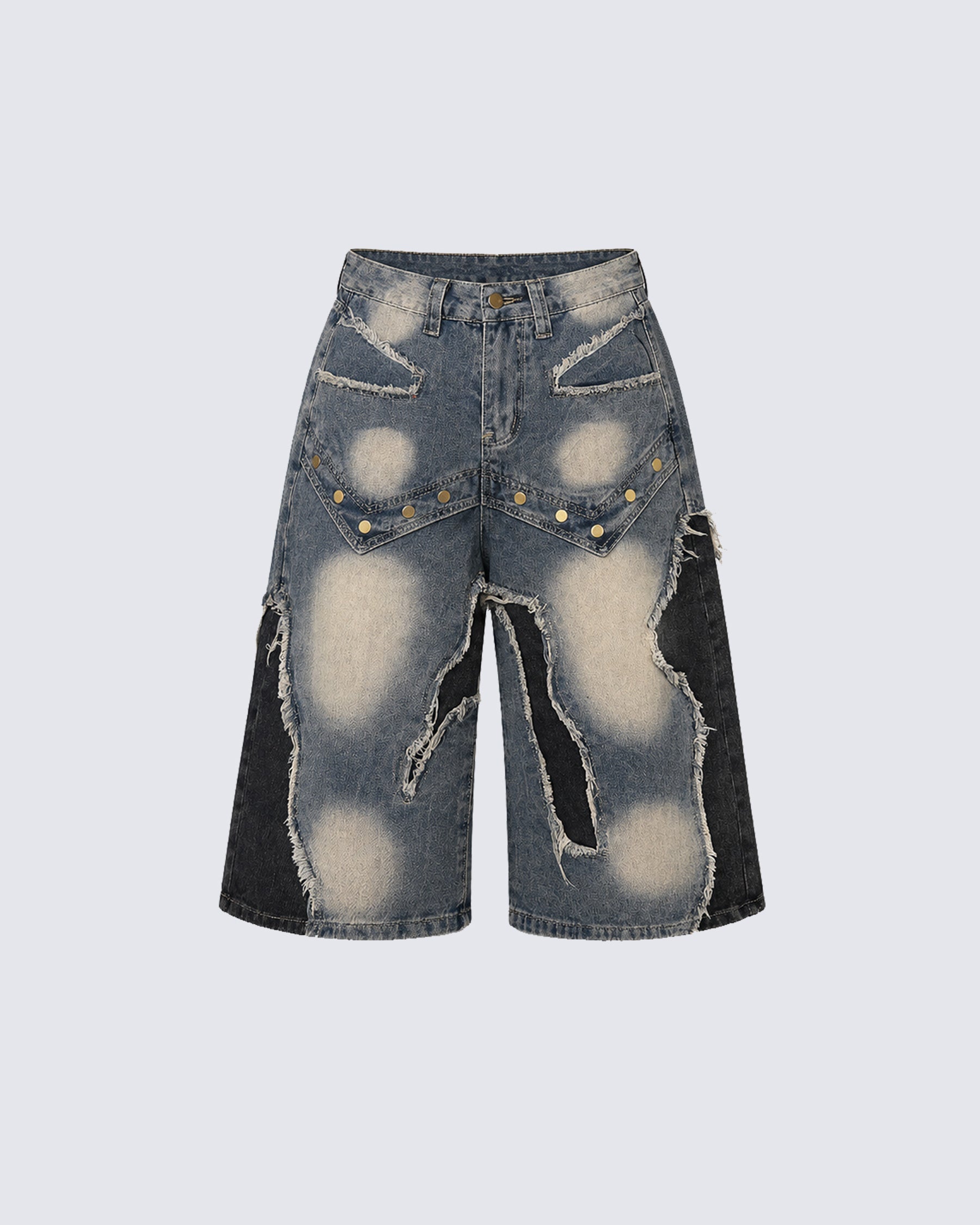 American-Style Distressed Washed Color-Blocked Ripped Capri Pants