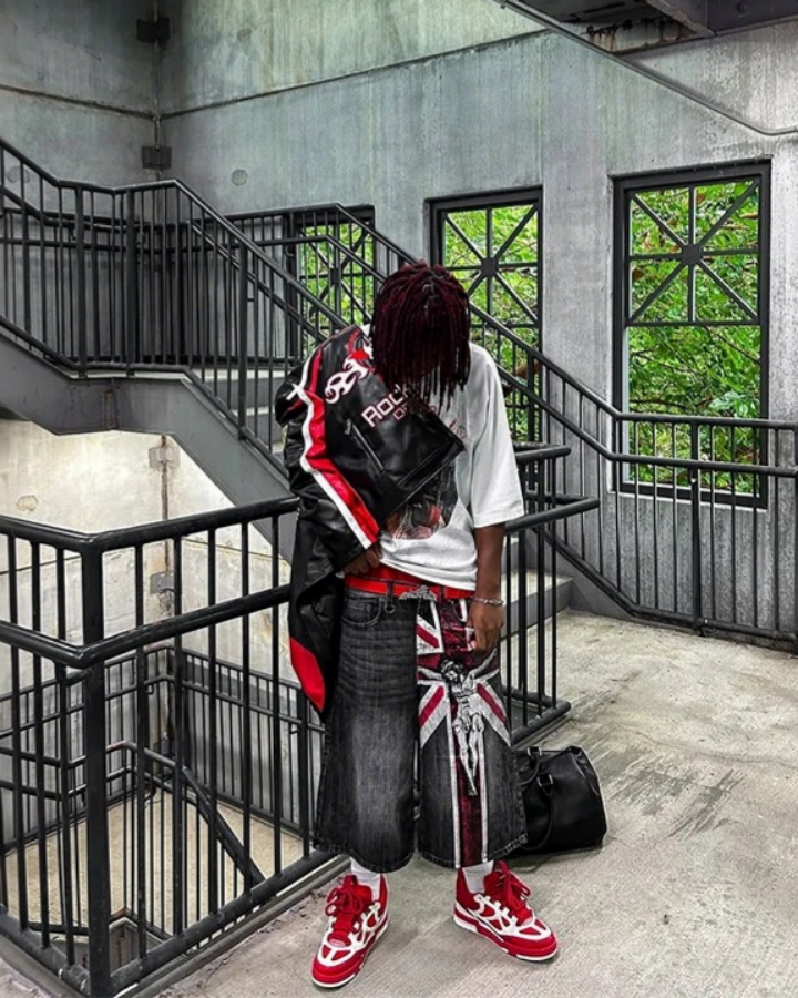 American-Style Distressed Streetwear Design With Cross Print Shorts