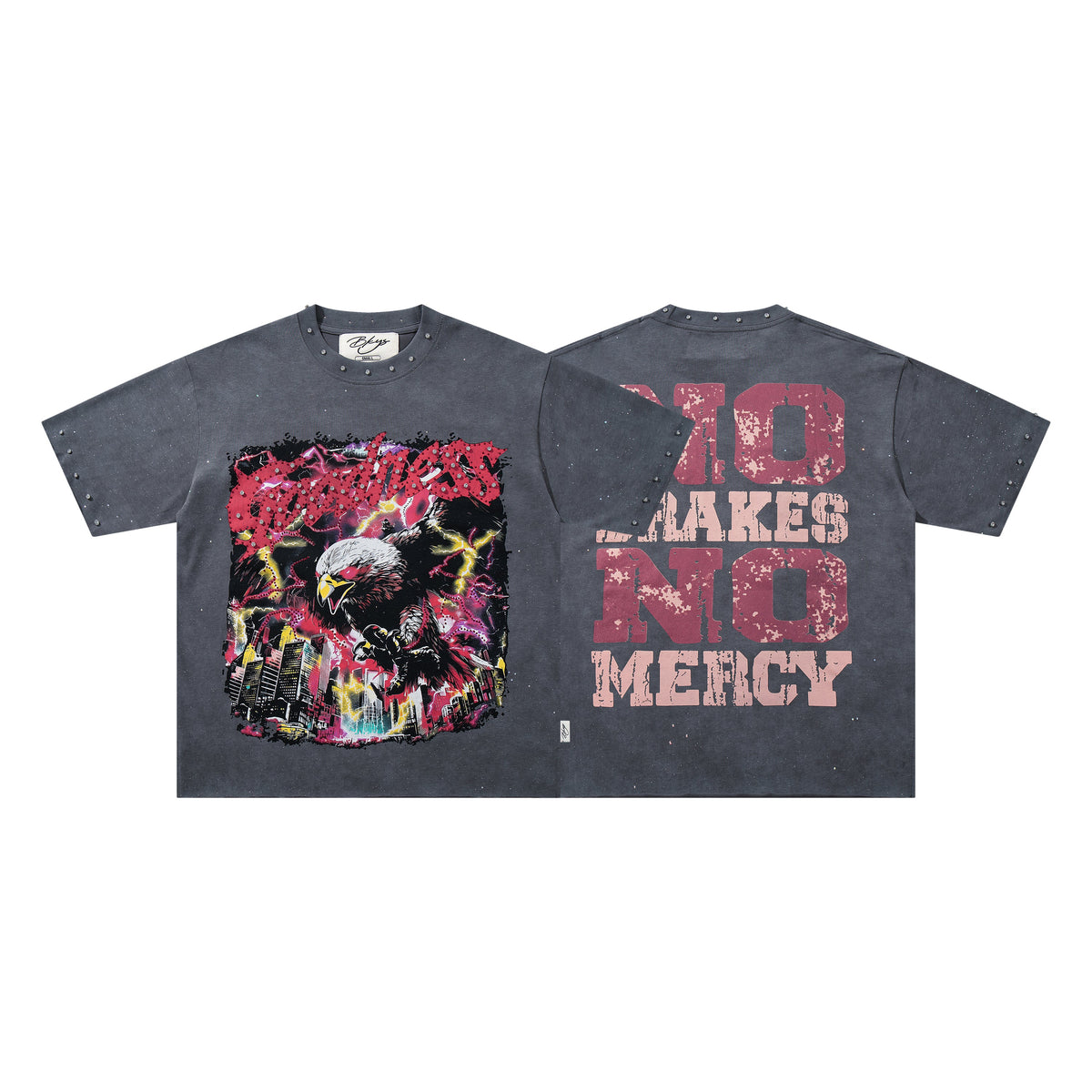 BKYS Street‑Style Eagle Thunder City Graphic Studded Oversized T‑Shirt