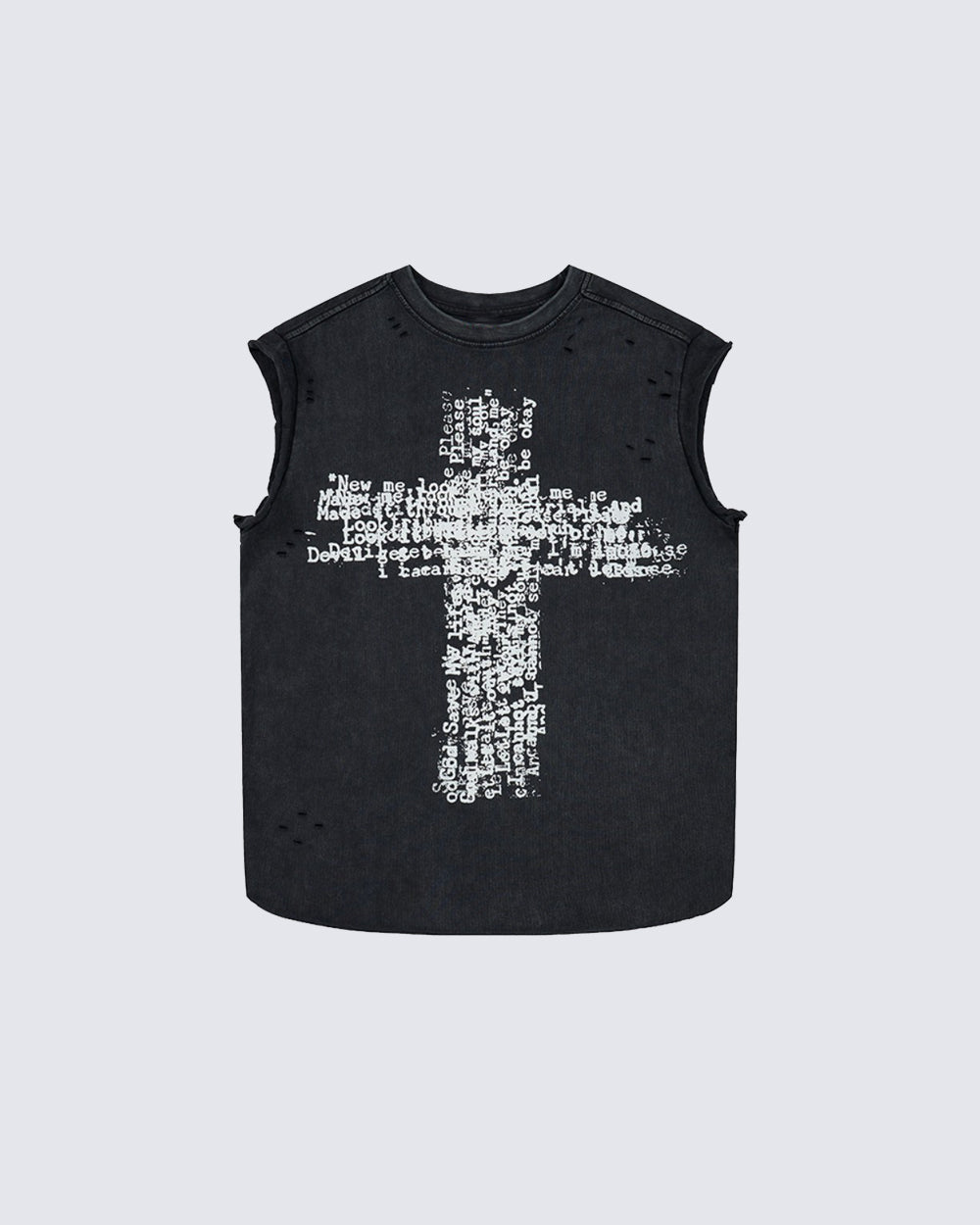 Distressed Denim Cross Print Sleeveless Vest