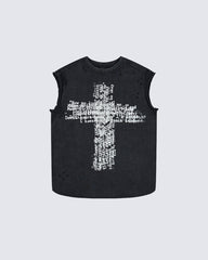 Distressed Denim Cross Print Sleeveless Vest