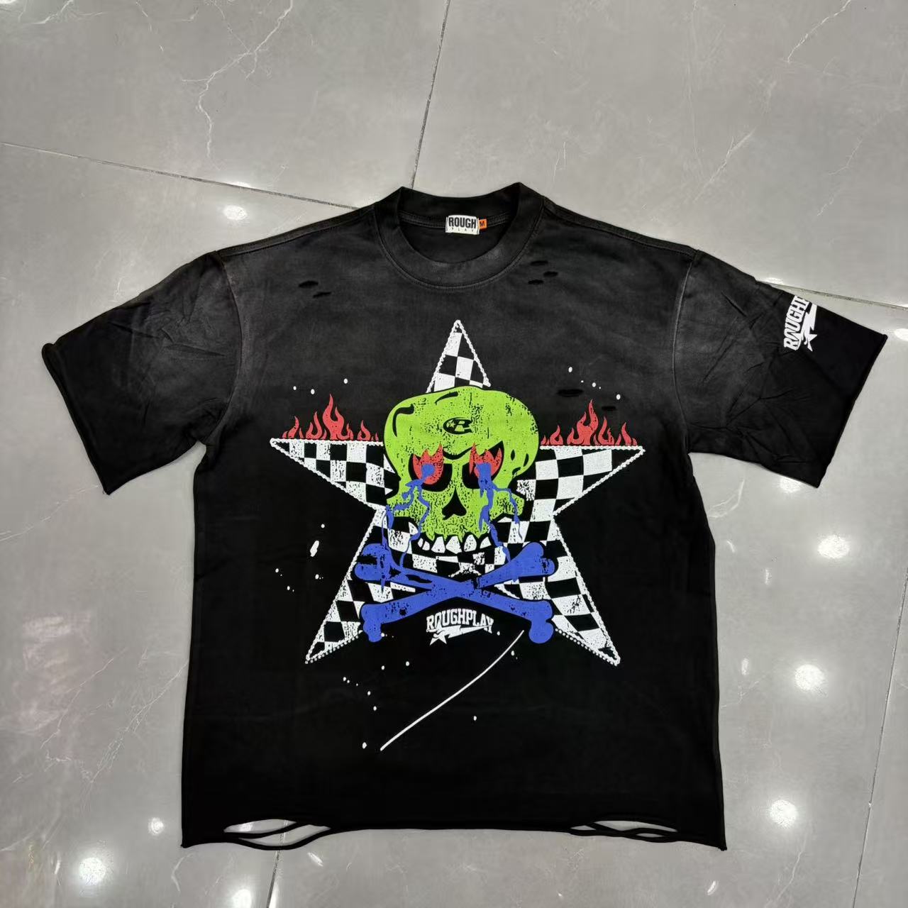 Roughplay Checkered Star Neon Skull Crossbones Punk Tee
