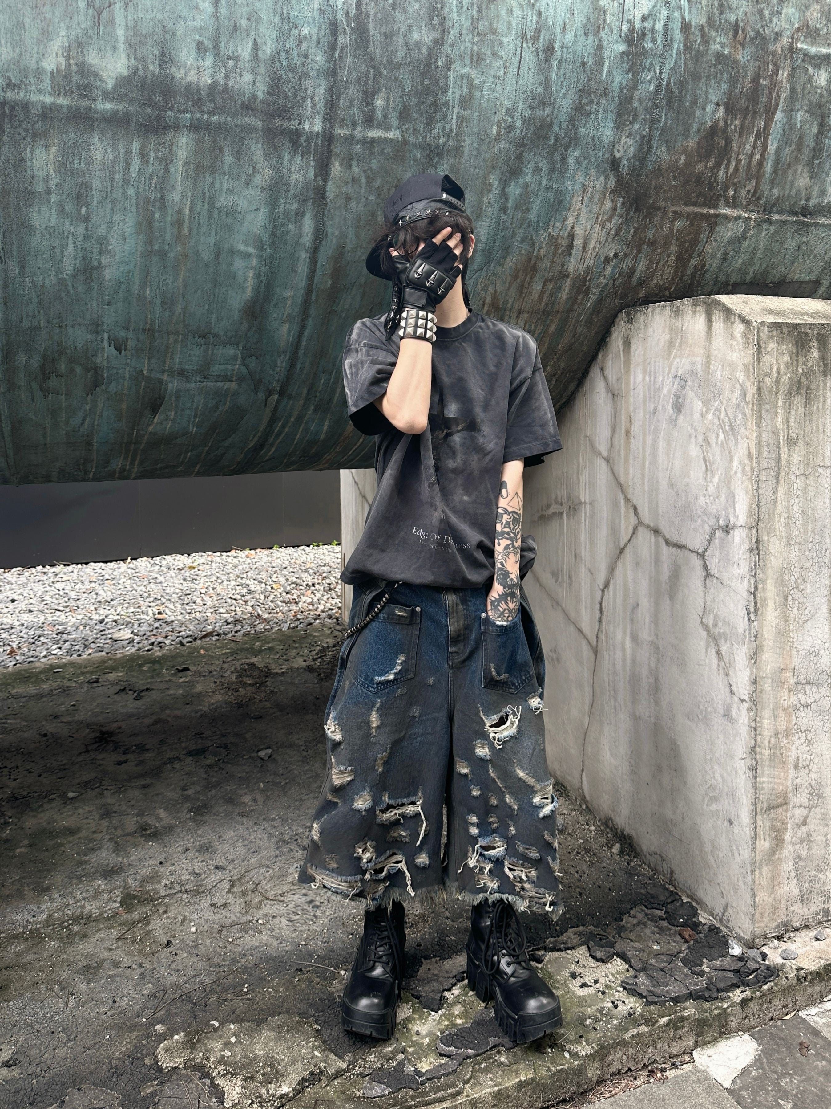 Destroyed Raw-Hem Denim Bermuda Shorts