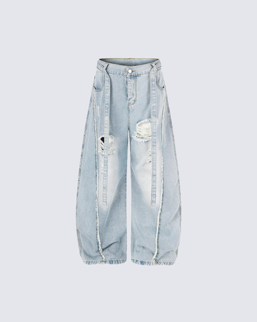 Distressed Strap Wide-Leg Jeans
