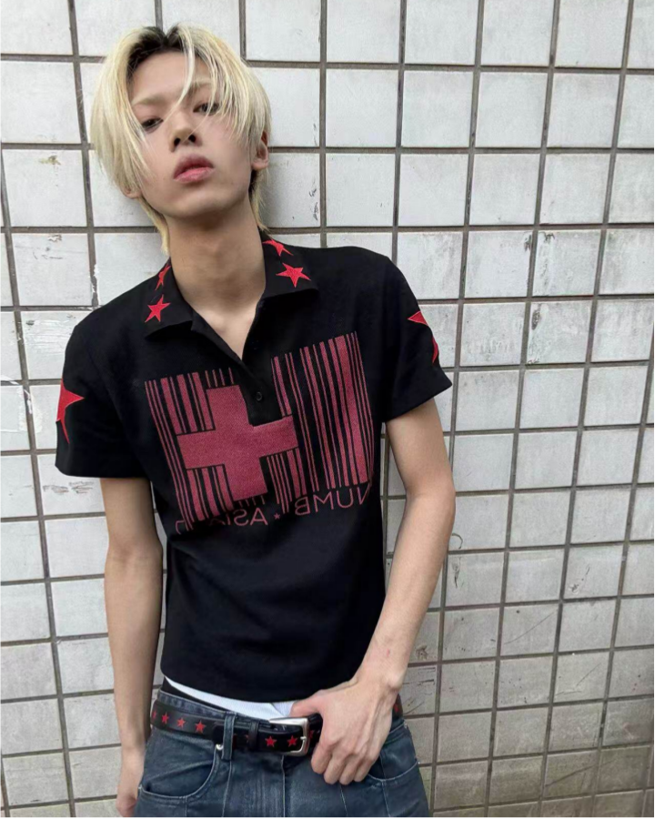 European And American Style Cross Print Polo Collar Top