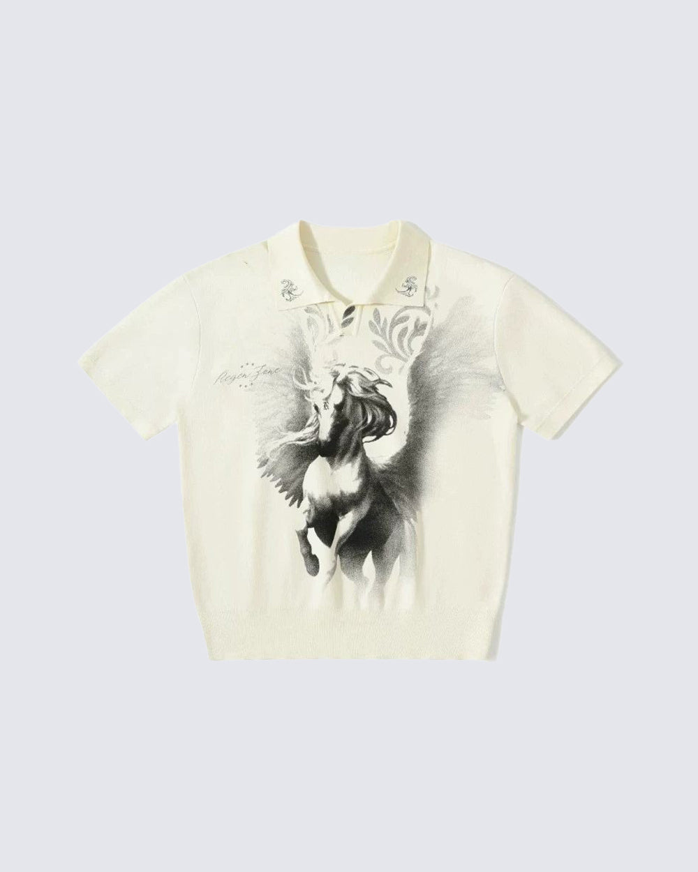 American Street Style Retro Pegasus Print Polo Collar Top