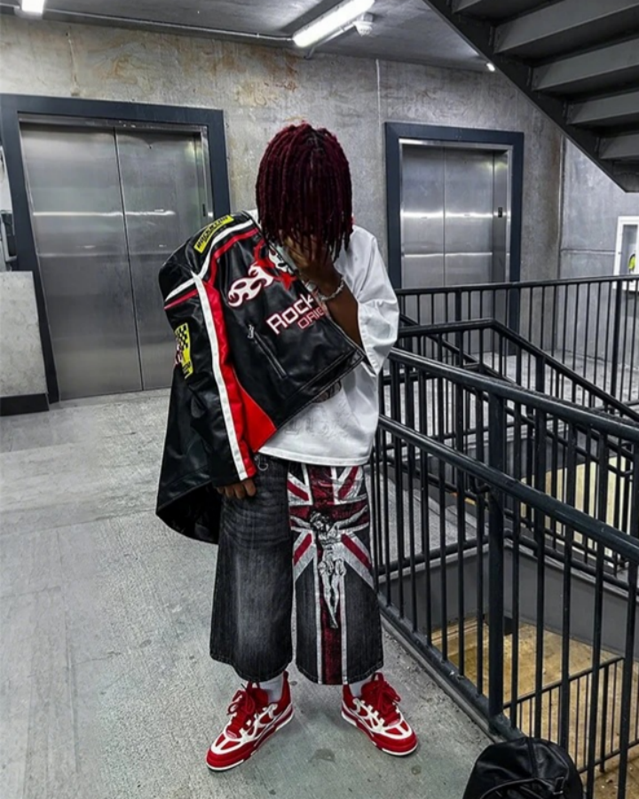 American-Style Distressed Streetwear Design With Cross Print Shorts